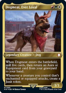 Image of loyal dog next to human through MTG Fallout Universes Beyond set