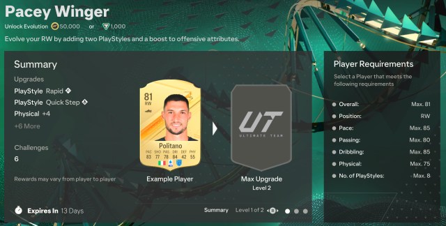 The Pacey Winger Evolutions challenge and requirements shown in EA FC 24.