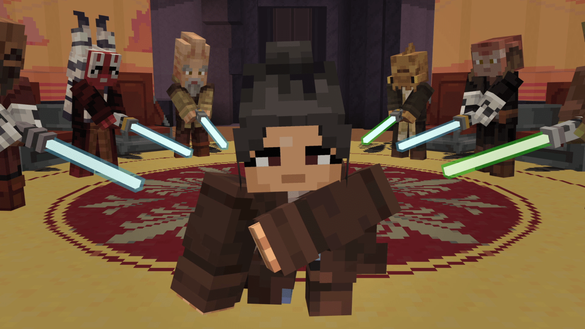 A Jedi Minecraft player being surrounded by other Jedi's holding lightsabers.