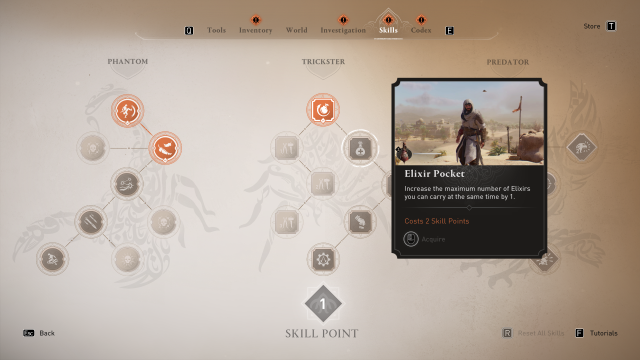 Image of the Trickster Skill Tree in Assassin's Creed Mirage, showing the Elixir Pocket skill.