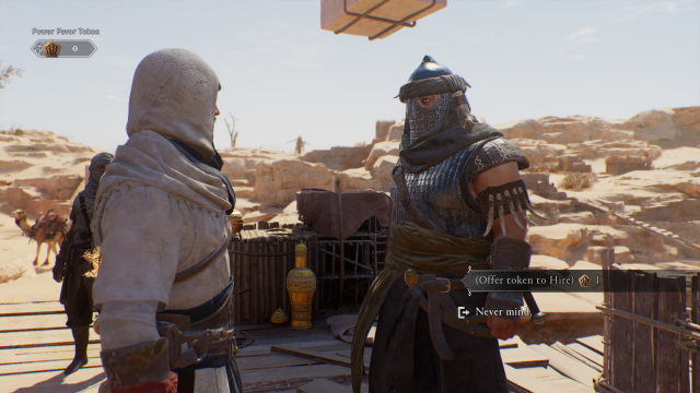 Image of a man in a white robe speaking to a man in heavy armor. 