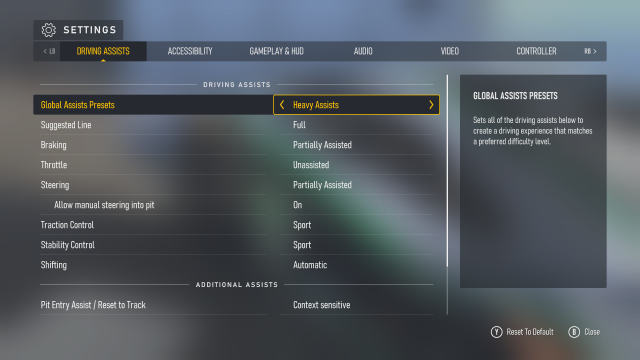 The Driving Assists menu in Forza Motorsport and recommended settings for beginners.