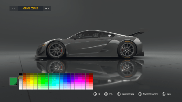 An Acura racecar in Forza Motorsport shown in the paint menu, displaying various colors to choose.