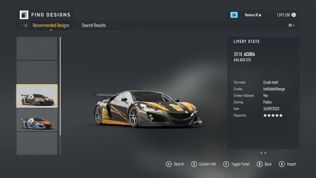 A screenshot of designs made by Forza Motorsport players for the 2018 Acura #36 NSX GT3