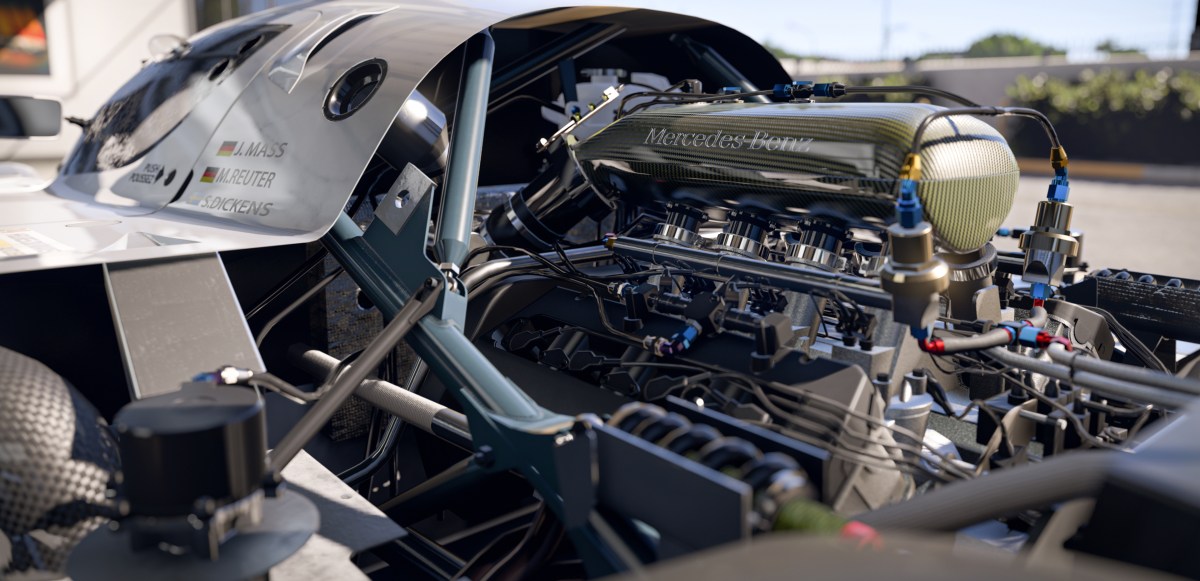 A close-up shot of the engine in a Mercedes car in Forza Motorsport.