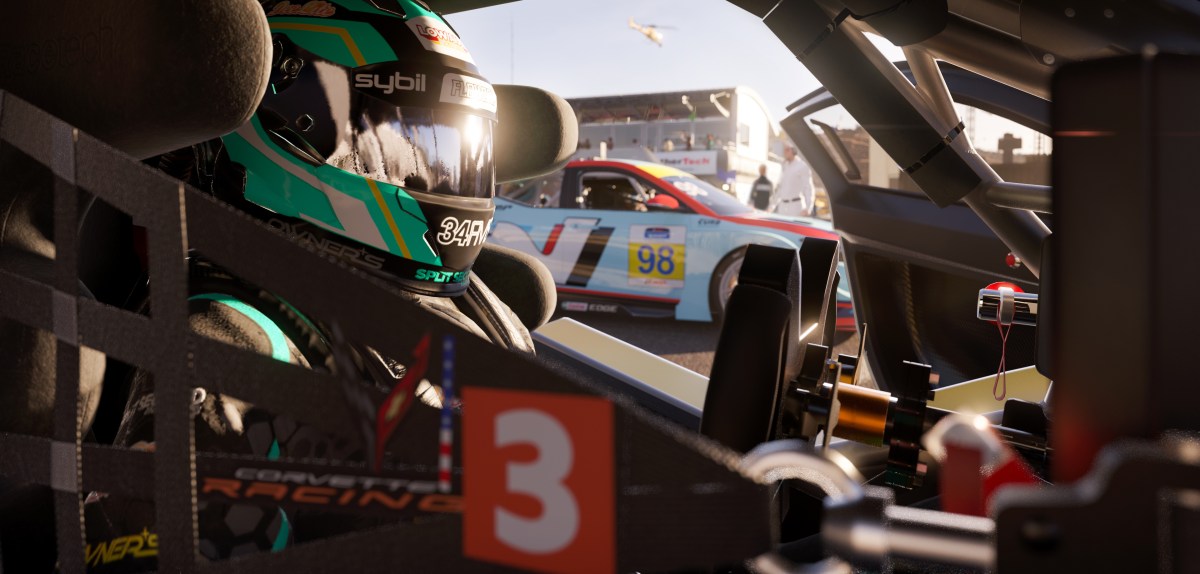 A driver behind the wheel of a car in a promotional image for Forza Motorsport.