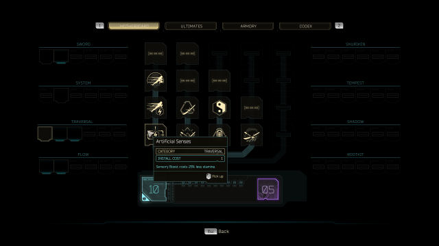 The Motherboard menu in Ghostrunner 2, with the Upgrade Artificial Senses selected.