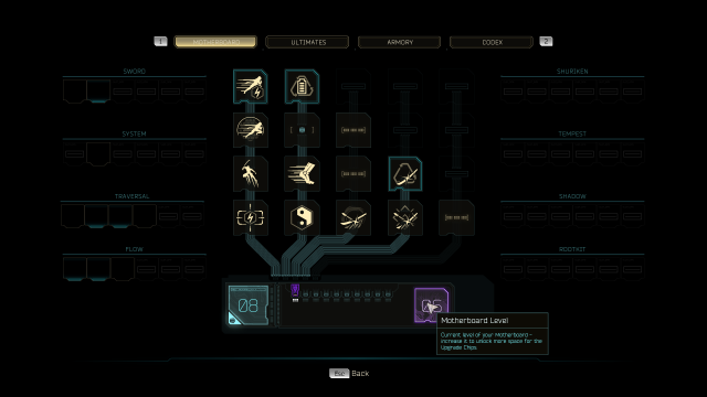 Displays the Motherboard menu in Ghostrunner 2.