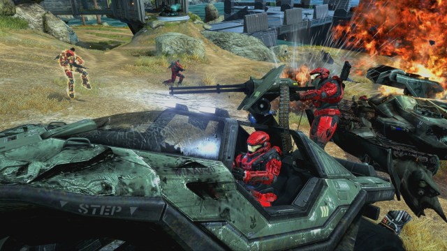 Two players in a Warthog in Halo: Reach during a multiplayer game.