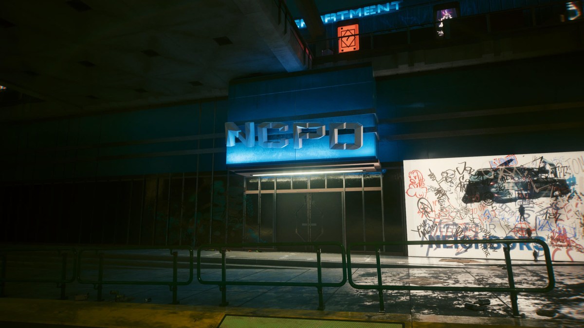 An in game screenshot of the NCPD building where Dodger's base is located in Cyberpunk 2077.