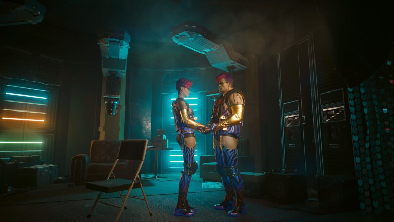 An in game screenshot of the characters Tool and Lina Malina from the game Cyberpunk 2077.