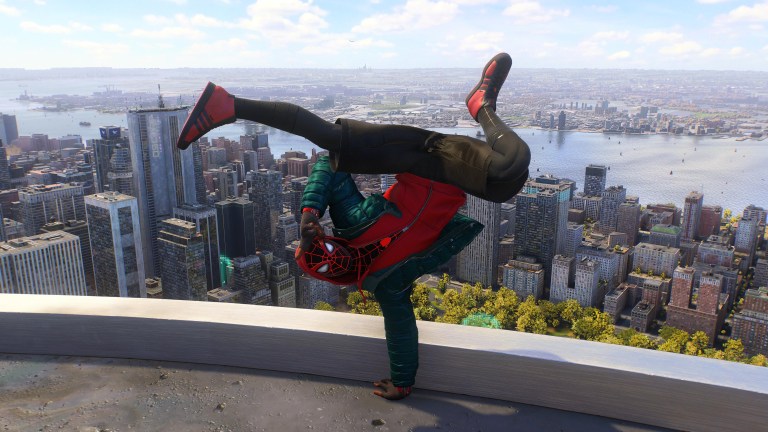 An in game screenshot of Miles Morales in the Sportswear suit from Marvel's Spider-Man 2