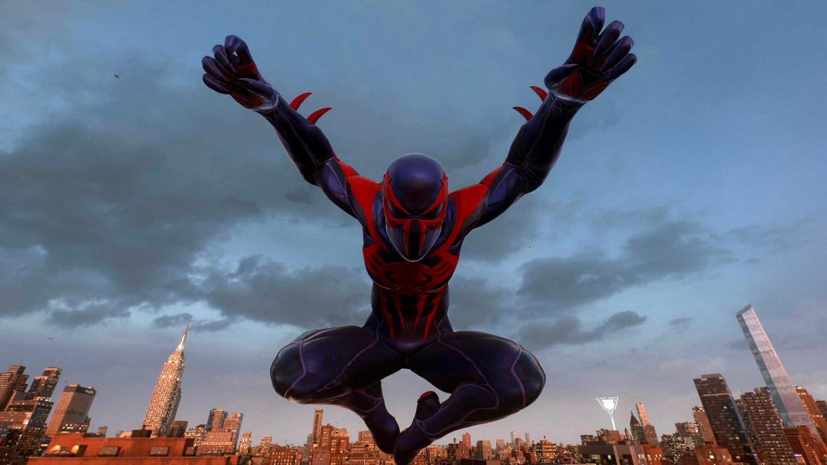 An in game image of Peter Parker in the Spider-Man 2099 Black Suit from Marvel's Spider-Man 2.