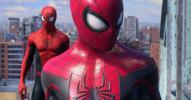 Miles Morales stands in front of Peter Parker on top of a building in Spider-Man 2.