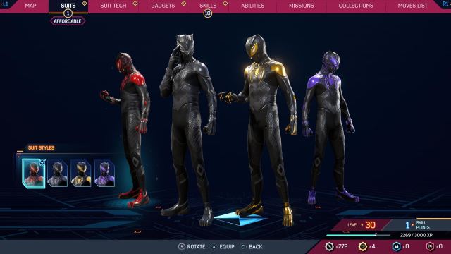 Black Panther Miles suit menu in Spider-Man 2.