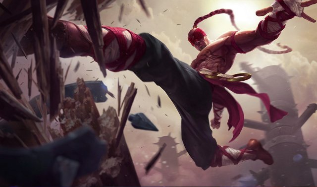 The splash art for Lee Sin, a monk wearing a red blindfold kicking a barrel.
