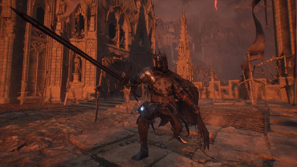 A Lords of the Fallen character thrusting their sword.