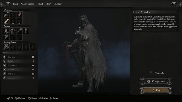 The class selection screen in Lords of the Fallen showing the details for the Dark Crusader class.