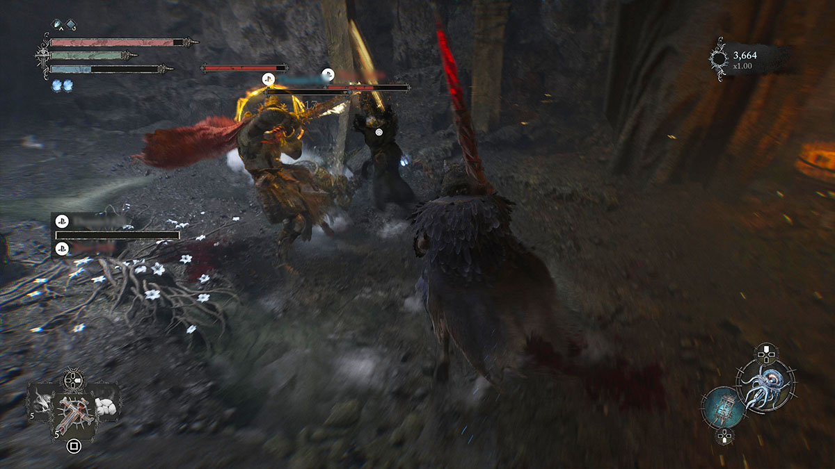 Two players engaging in PvP combat in Lords of the Fallen while a third rushes in to help