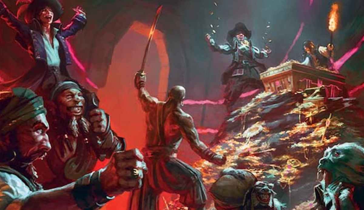 Image of a group of pirates celebrating around a mound of treasure on a MTG card in LCI