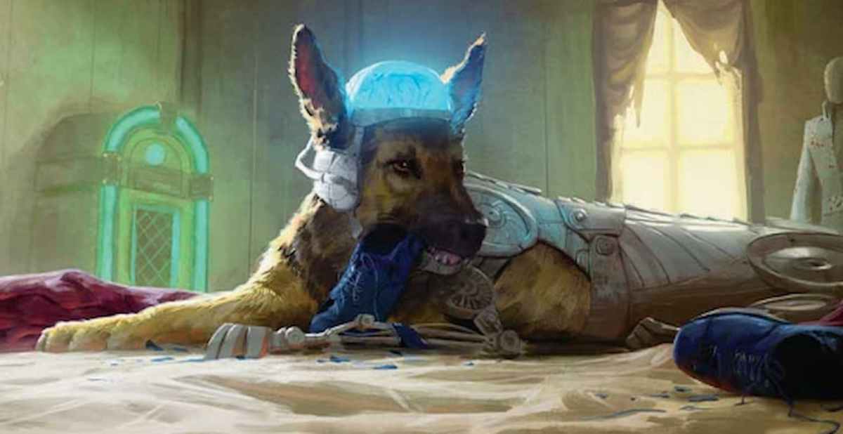 Image of dog with a different brain in its head through MTG Fallout Commander set Rex, Cyber-Hound