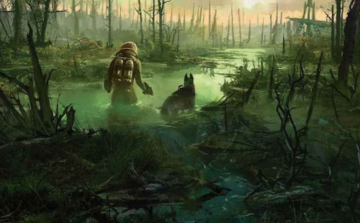 Image of human in toxic swamp with doggo through MTG Fallout Universes Beyond Swamp art