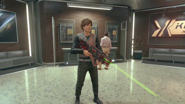 A picture of a character in Starfield with a gun