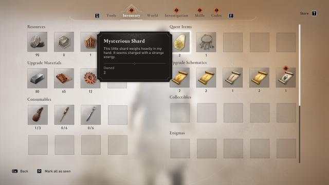 Image of the inventory menu in Assassin's Creed Mirage, hovering over a golden item.