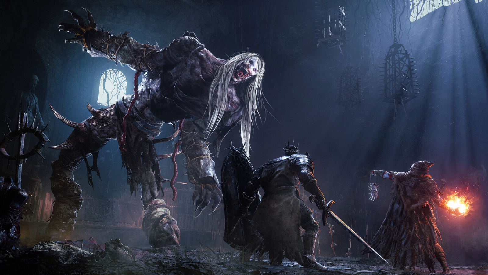 Two lords of the fallen characters taking on a large enemy.