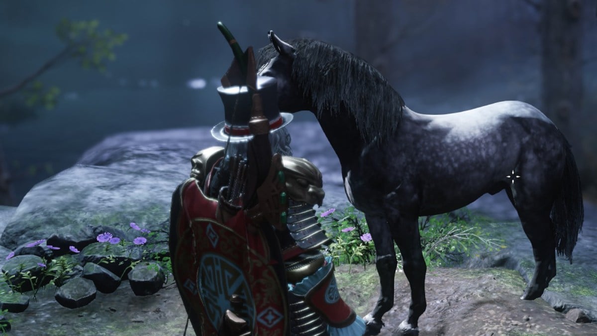 New World player standing in front of horse.