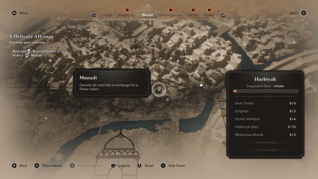 Image of the map of Baghdad in Assassin's Creed Mirage, showing the location of a Munadi.