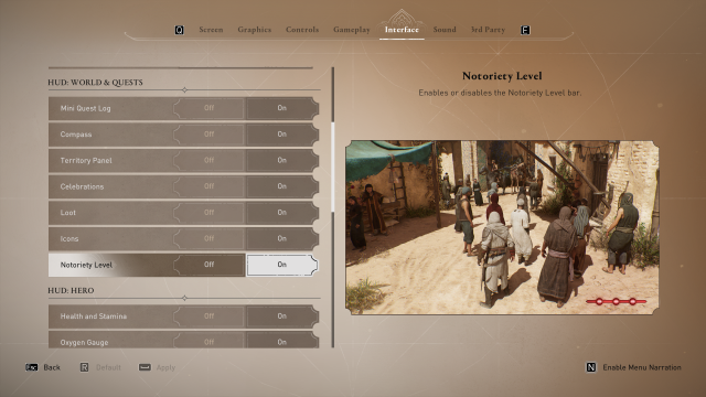 Image of the menu in Assassin's Creed Mirage, hovering over the notoriety level toggle.