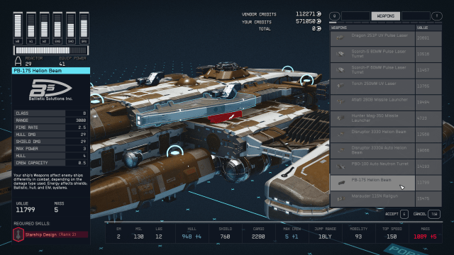 Image of the Starfield ship builder menu showing the Helion particle weapon on a ship.