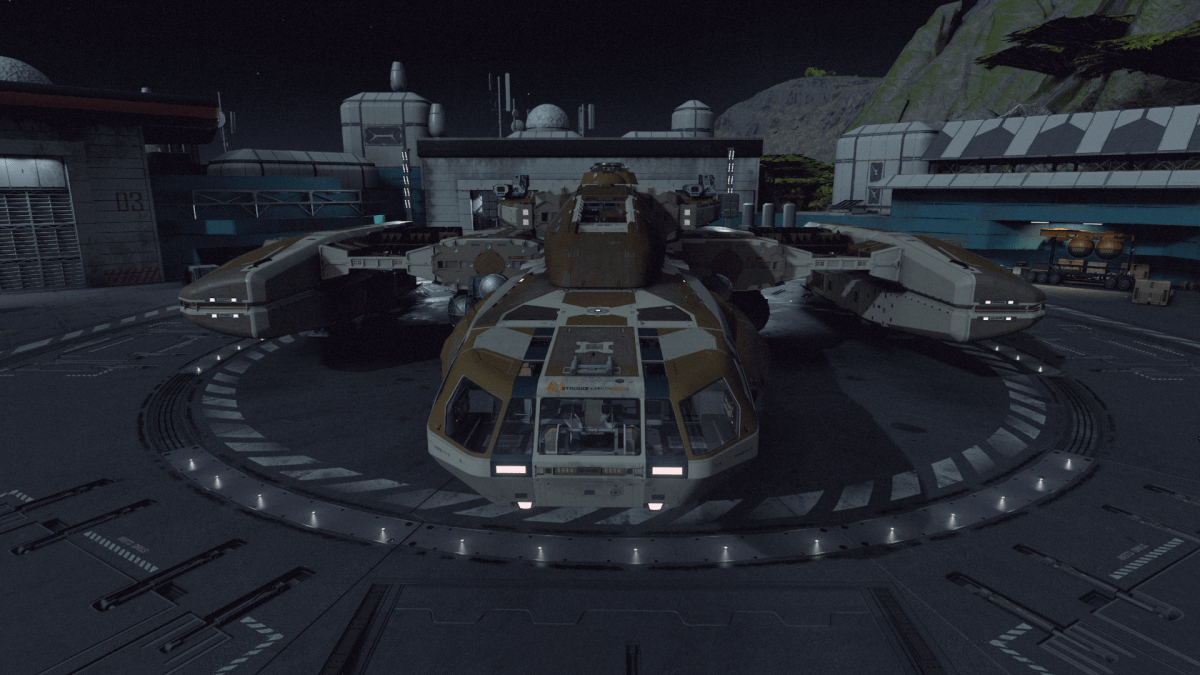 A ship sits at a dock at New Atlantis in Starfield.