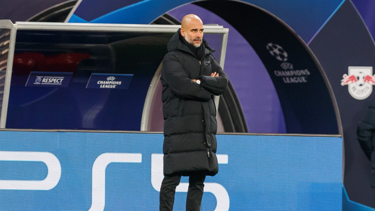 Popular soccer manager Pep Guardiola watching his team during a Bundesliga match.