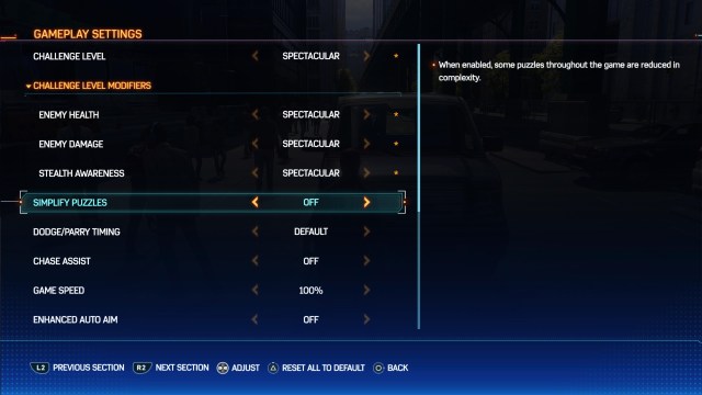 The gameplay settings menu in Spider-Man 2.