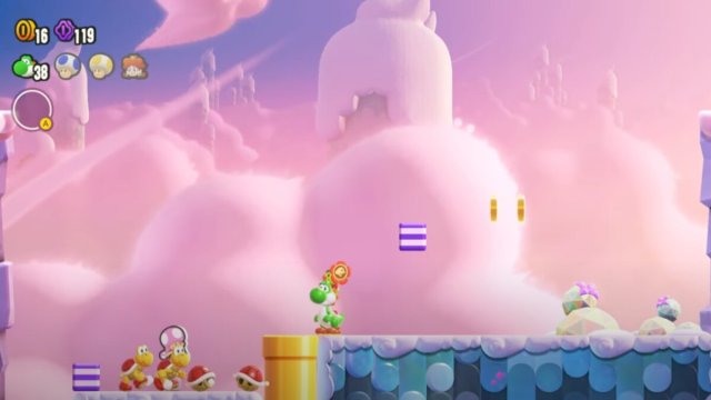 Yoshi lining up Kappa shells in Pole Block Passage, Super Mario Bros. Wonder