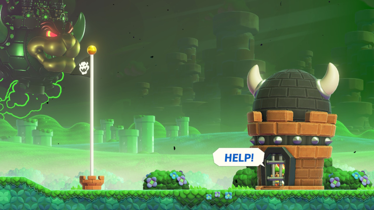 Wonder seed Bowser flying over the Kingdom in Super Mario Bros. Wonder