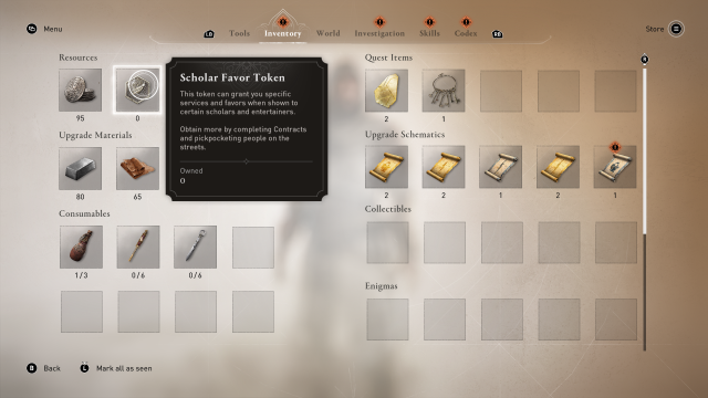 Scholar Favor Tokens in Assassin's Creed Mirage inventory.