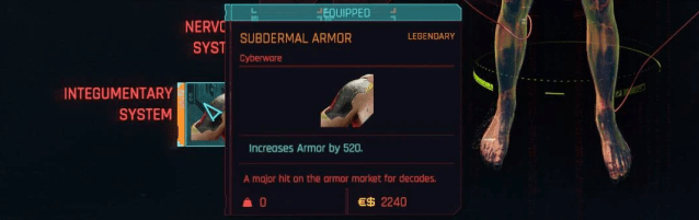 Screenshot of Subdermal Armor form Cyberunk 2077 