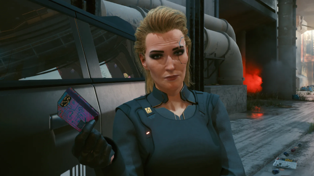 Meredith Stout standing in front of a vehicle in Cyberpunk 2077. 