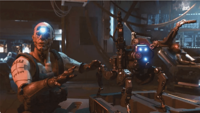 A character with a lot of cybeware standing next to a robot in cyberpunk 2077.