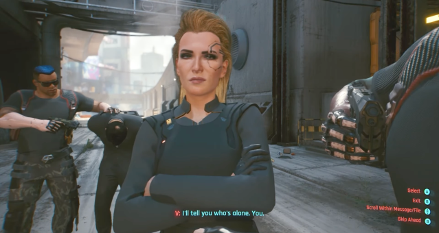 Meredith Stout holding the player at gunpoint in The Pickup in Cyberpunk 2077. 