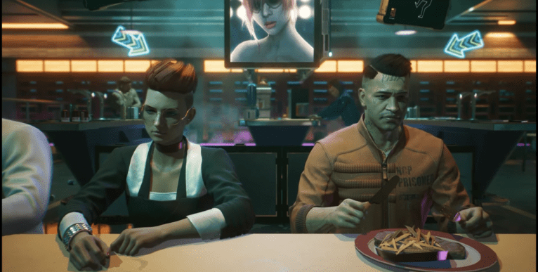 Joshua and Rachel sitting at a table in Cyberpunk 2077's "There is a Light That Never Goes Out" quest.