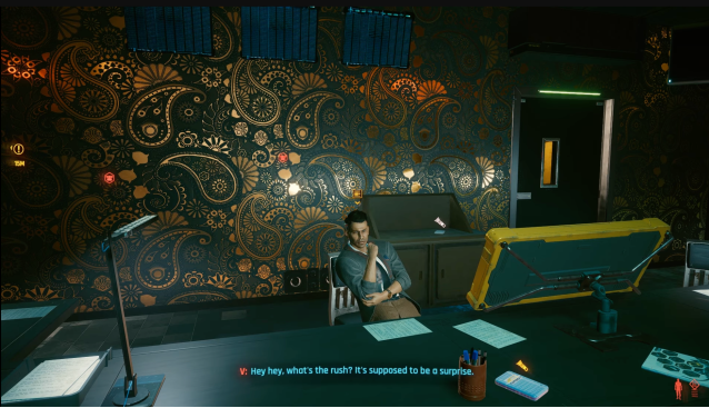 A concierge sits at a desk in Cyberpunk 2077.