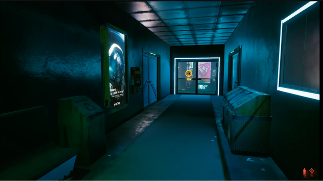 A hallway with three doors at the end of it from the