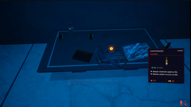 A TV tray in a dark room in Cyberpunk 2077.