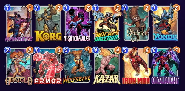 Marvel Snap deck consisting of Hawkeye, Korg, Nightcrawler, Rocket Raccoon, Squirrel Girl, Yondu, Angela, Armor, Wolfsbane, Ka-Zar, Iron Man, and Onslaught. 