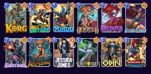 Marvel Snap deck consisting of Korg, Rocket Raccoon, Yondu, Angela, Medusa, Star-Lord, Sentinel, Wolfsbane, Jessica Jones, White Tiger, Odin, and America Chavez. 