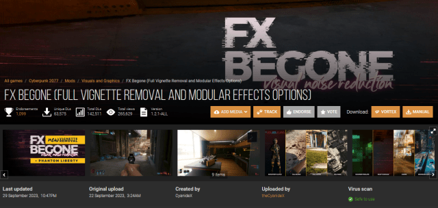 displays the mod page for FX Begone for Cyberpunk 2077 on Nexusmods.com.